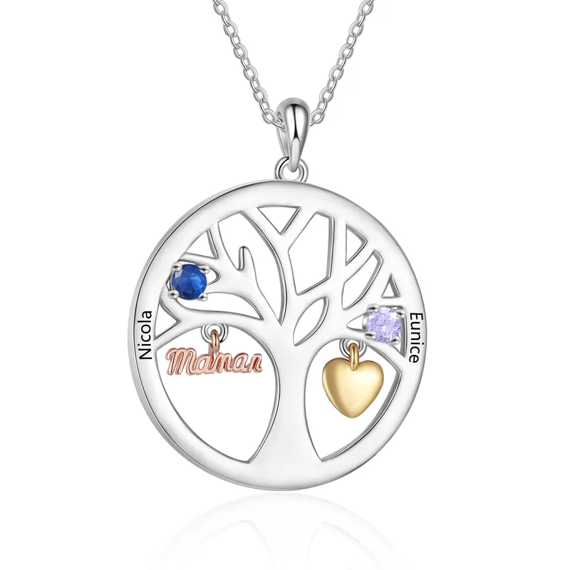 À Maman - Collier Arbre de Vie Personnalisé avec 2 Prénoms et 2 Pierres de Naissance – Cadeau pour Maman| Jessemade Satisfait Ou Remboursé