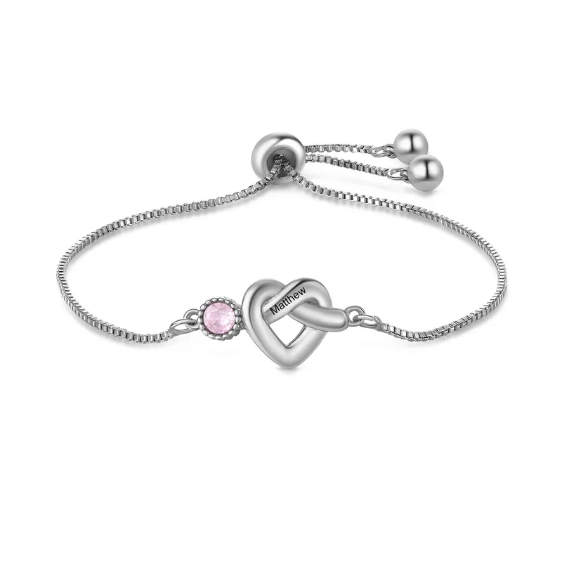 Acheter En Ligne Bracelet Coeur Personnalisé avec 1 Prénom et 1 Pierre de Naissance Bracelet Infini Personalisable pour Femme | Jessemade