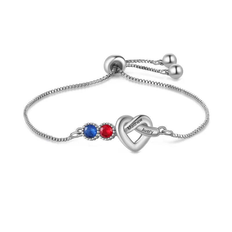 Quantité Limitée Bracelet Coeur Personnalisé avec 2 Prénoms et 2 Pierres de Naissance Bracelet Infini Personalisable pour Femme | Jessemade