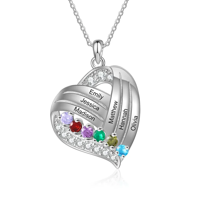 Top Vente Collier cœur personnalisé avec 6 prénoms et 6 pierres de naissance – Cadeau pour maman ou grand-mère | Jessemade