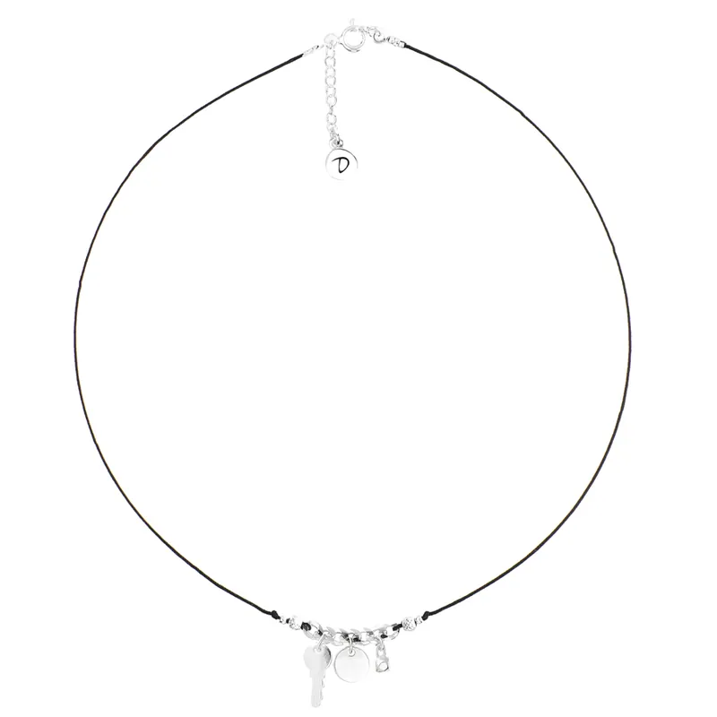 COLLIER CORDON MAILLE GOURMETTE CLEF PASTILLE PIERRE NOIR Soldes