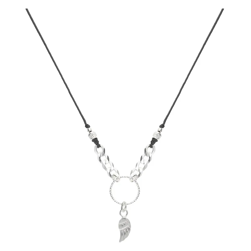 COLLIER CORDON NOIR AILE ANNEAU CISELÉ ET CHAÎNE MAILLE ROCK Argent 925 Affaire À Saisir