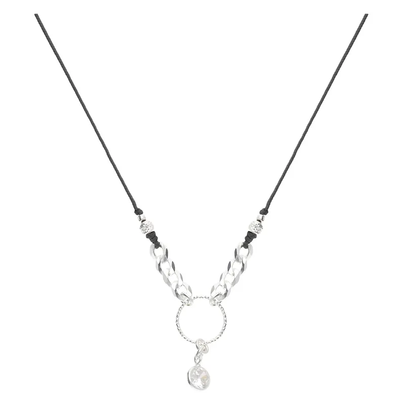 Top Qualité COLLIER CORDON NOIR OXYDE DE ZIRCONIUM ANNEAU CISELÉ ET CHAÎNE MAILLE ROCK Argent 925