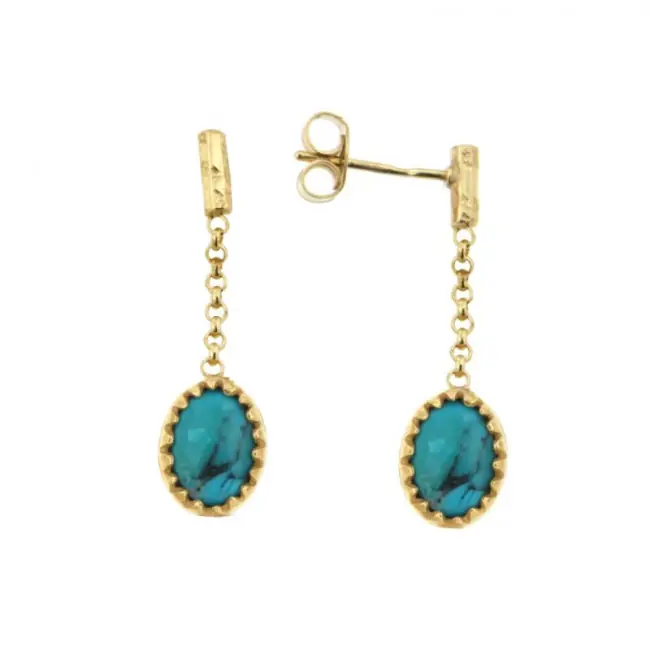 Boucles d'oreilles pendantes dorées et pierre turquoise naturelle | Bijoux femme fait à la main en France Réduction