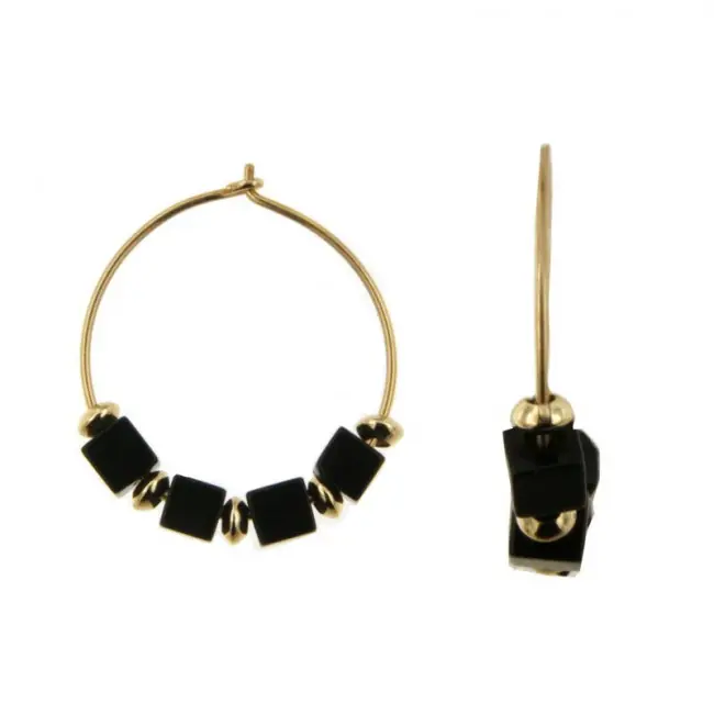 Commander Maintenant Créoles dorées avec cubes d'onyx naturelle | Bijoux femme fait à la main