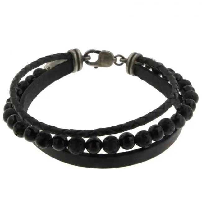 Bracelet Cuir et pierres noires - pierre de lave et agate noire | Bracelet homme cuir et pierres | BIJOUX HOMME Commander Vite