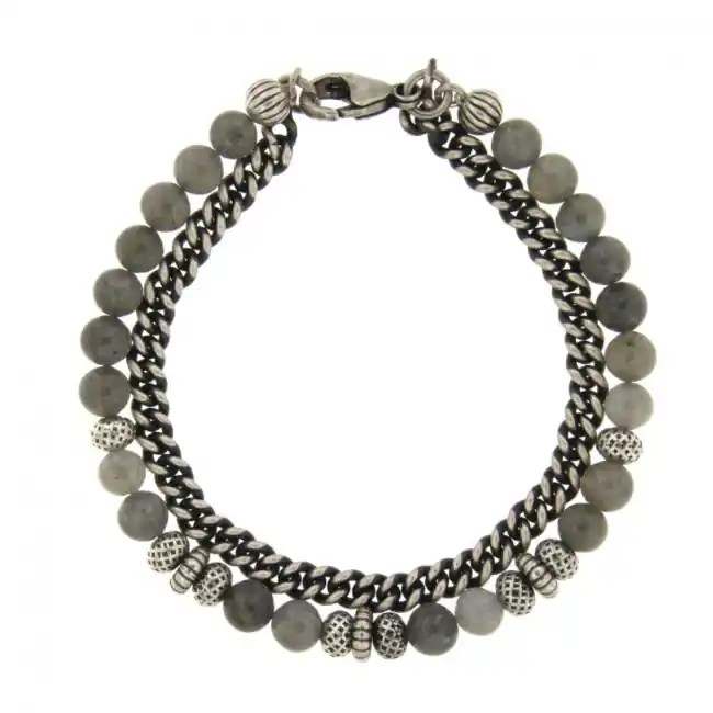 Original Bracelet Pierres naturelles et Gourmette Argent patiné ANTIKA | BRACELET HOMME